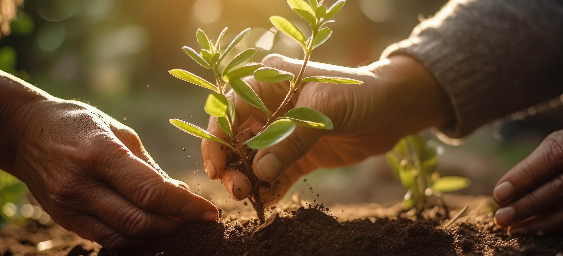 Close-up of two hands planting a tiny plant into soil on a sun-drenched day.
