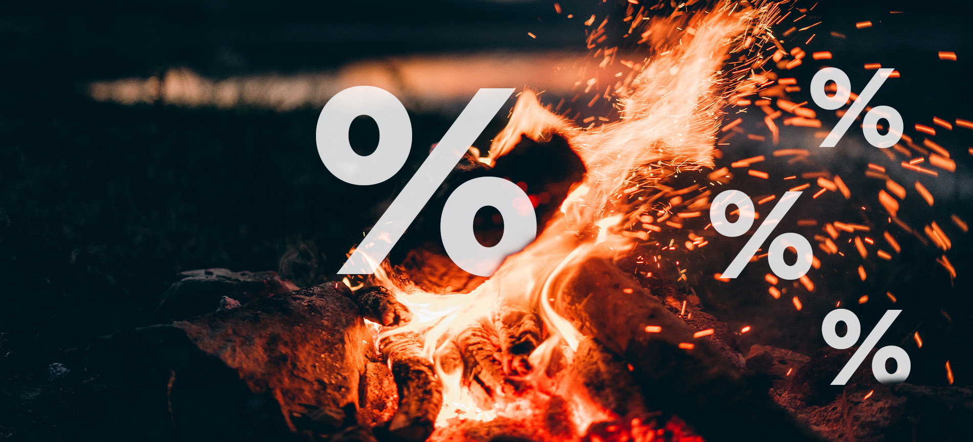 White percent (%) symbols overlaid on top of a background of fire, flames, and briquettes.
