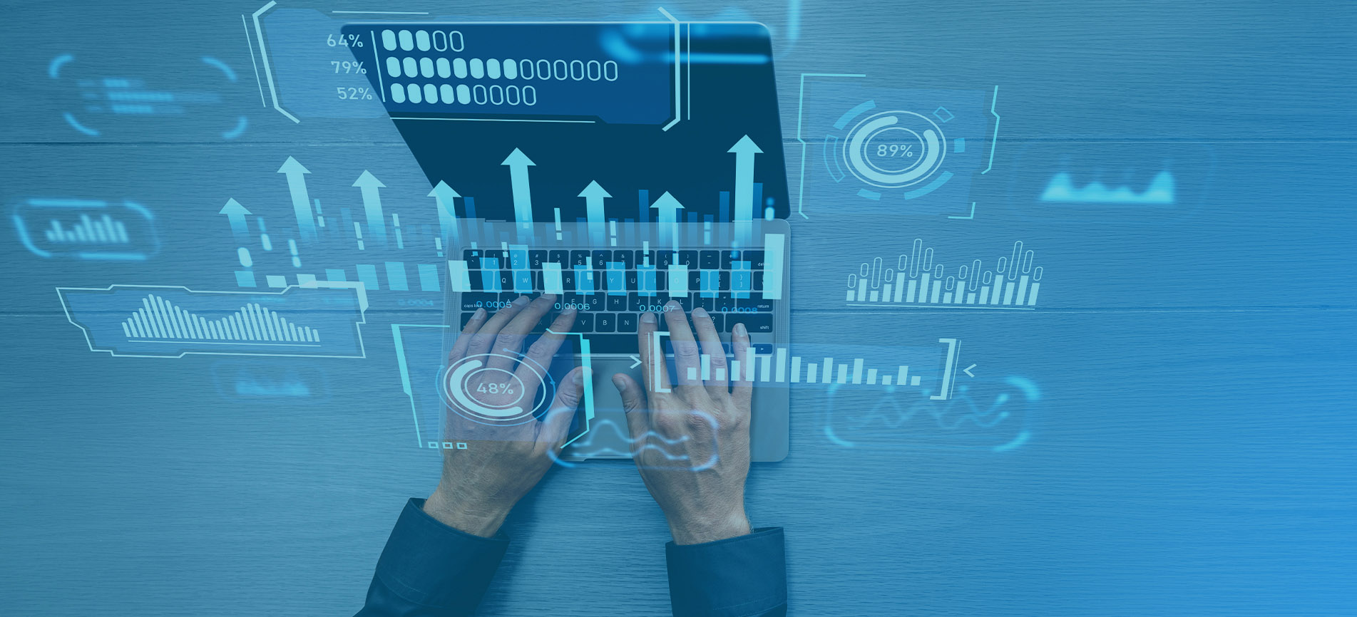 Hands typing on a laptop with overlayed digital graphs and charts, symbolizing data analysis. The scene conveys a futuristic and analytical tone.