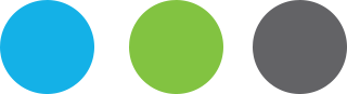 Three filled circles in a horizontal row colored medium blue, medium green, and a dark gray